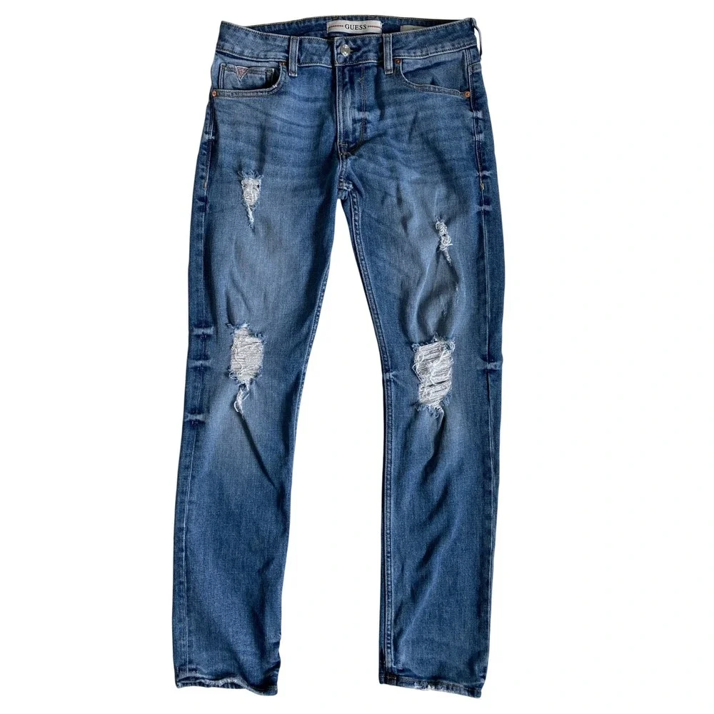 Guess Slim Tapered Distressed Blue Denim Jeans Medium Wash Size 31x30 Mens